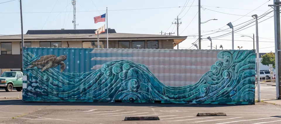 Sea turtle swimming above breaking waves painted across a shipping container