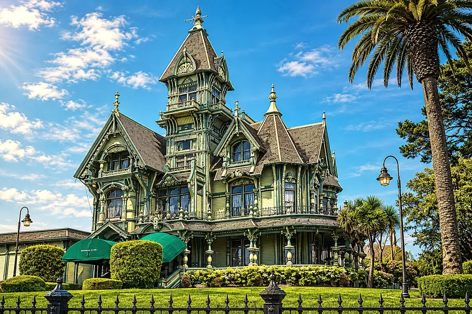 The Carson Mansion, an ornate green Victorian house in Eureka