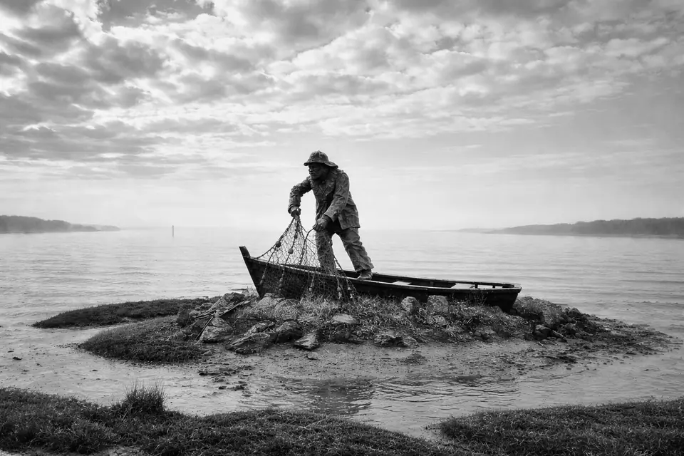 The Fisherman statue hauling a net beside a dory on Humboldt Bay